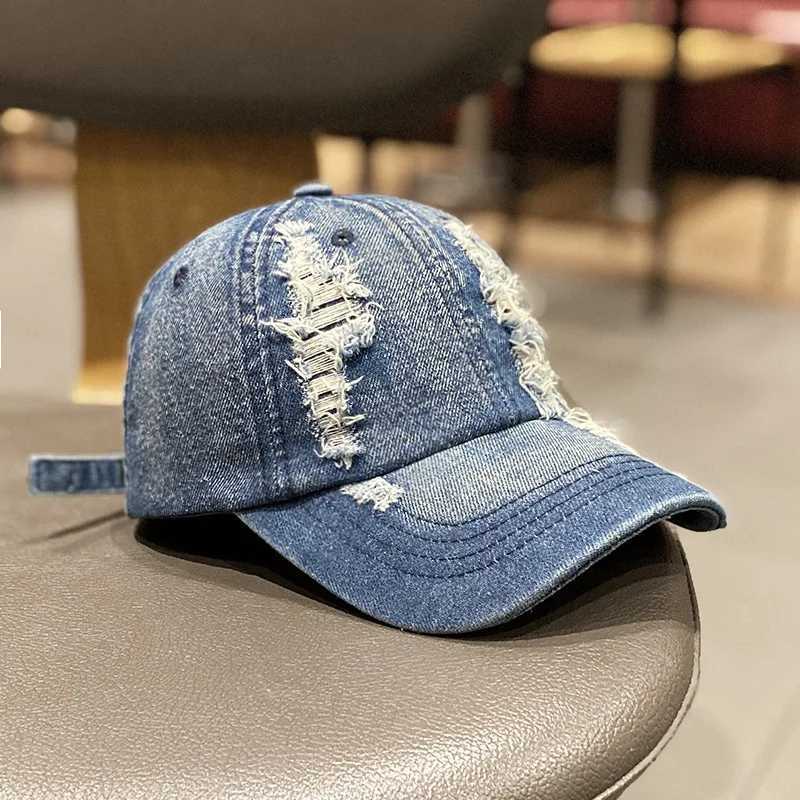 Ballkappen gewaschen Denim Baseball Caps Frauen Vintage Loched Distelte Cap Fashion Sports Denim Hats Plain Frauen Männer Dad Caps D240507