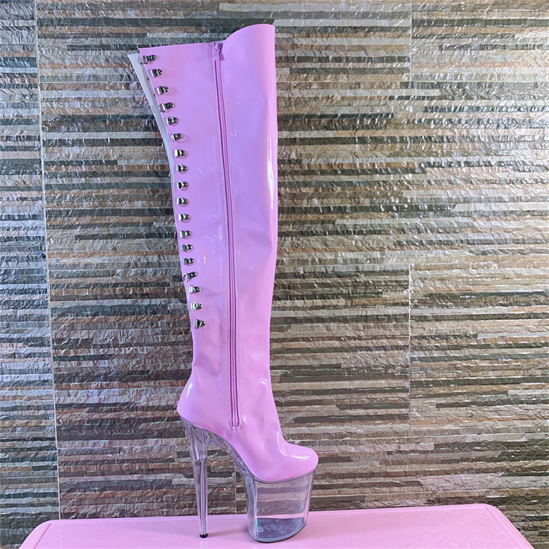 Botas de rodilla de tacón súper altas de 20 cm botas altas para mujeres y zapatos para el pole dance para la barra de los tacones delgados de los pies redondos sobre la rodilla