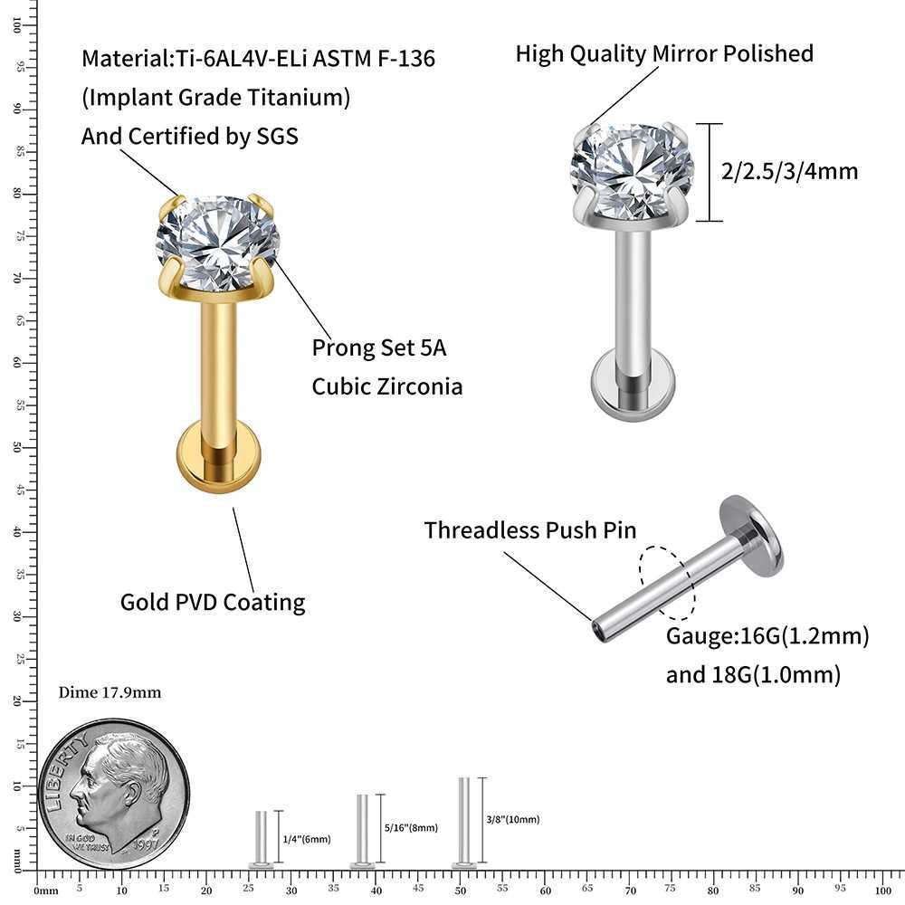 Body Arts Right Grand ASTM F136 Titanium 18G/16G Draadloze push pin labret stud CZ kraakbeen oorrang helix tragus neusbestrijding piercing d240503