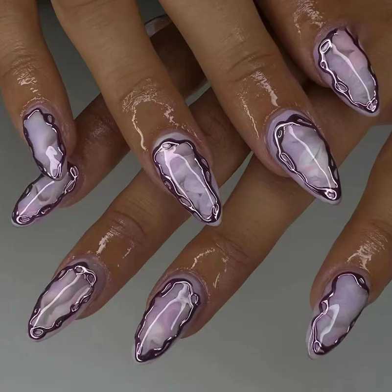 False Nails Almond False Nails with Glitter Powder French Fake Nails Rhinestones Design Press on Nails Wearable Stiletto Nails T240507