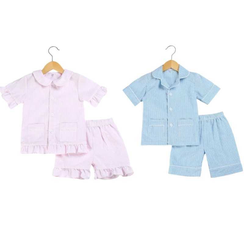 Pajamas 2024 SEERSUCKER 100% coton pur couture pour enfants pyjama ensemble pyjamas d'été décontracté pour les jeunes enfants pyjamas garçons bébé vêtements 2405