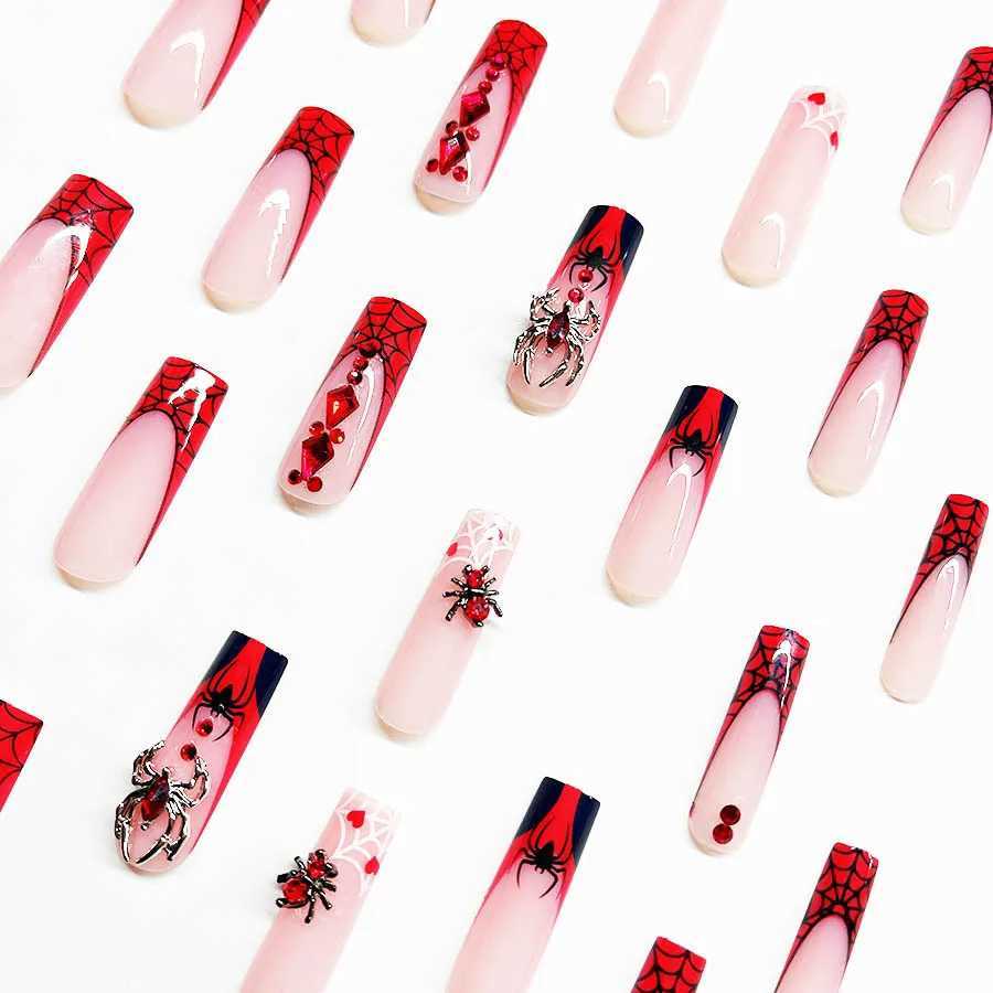 Faux Nails 3D Spider Faux Nails Red French Balletcore Press on Nails Couverture complète portable pour les femmes femmes européennes Faux Patches à ongles T240507