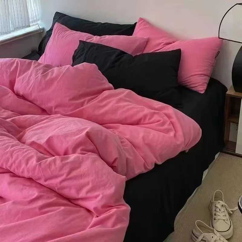 Bedding sets Nordic Princess Pink Bedding for Girls Adult Double Full Size Flat Bed Sheet Down Duvet Cover Pillow Cover Solid Color Bedding J240507