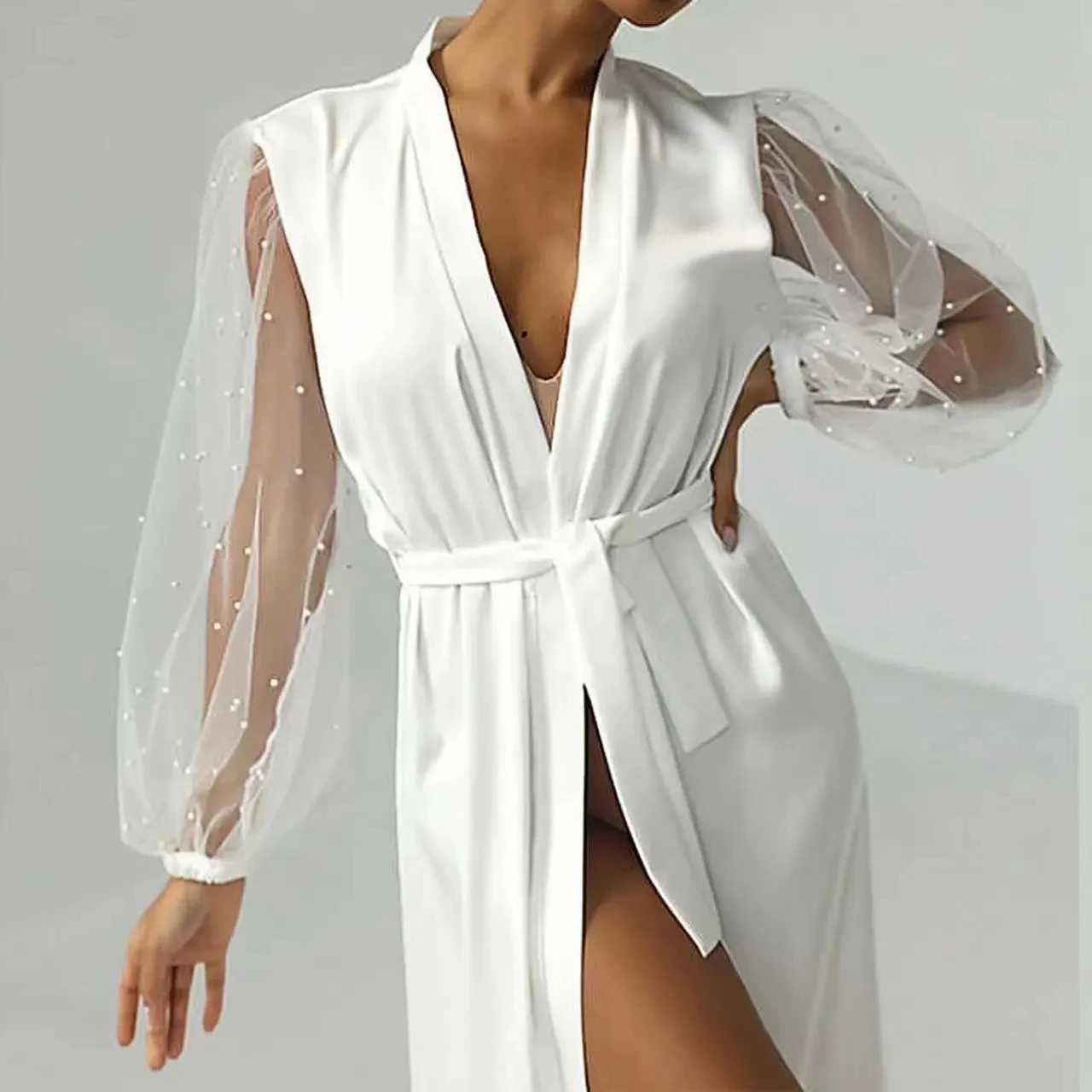 Vestido de noiva para o sono feminino com túllo de tule de pérolas luxuosas de alta grau Bathrobe sexy