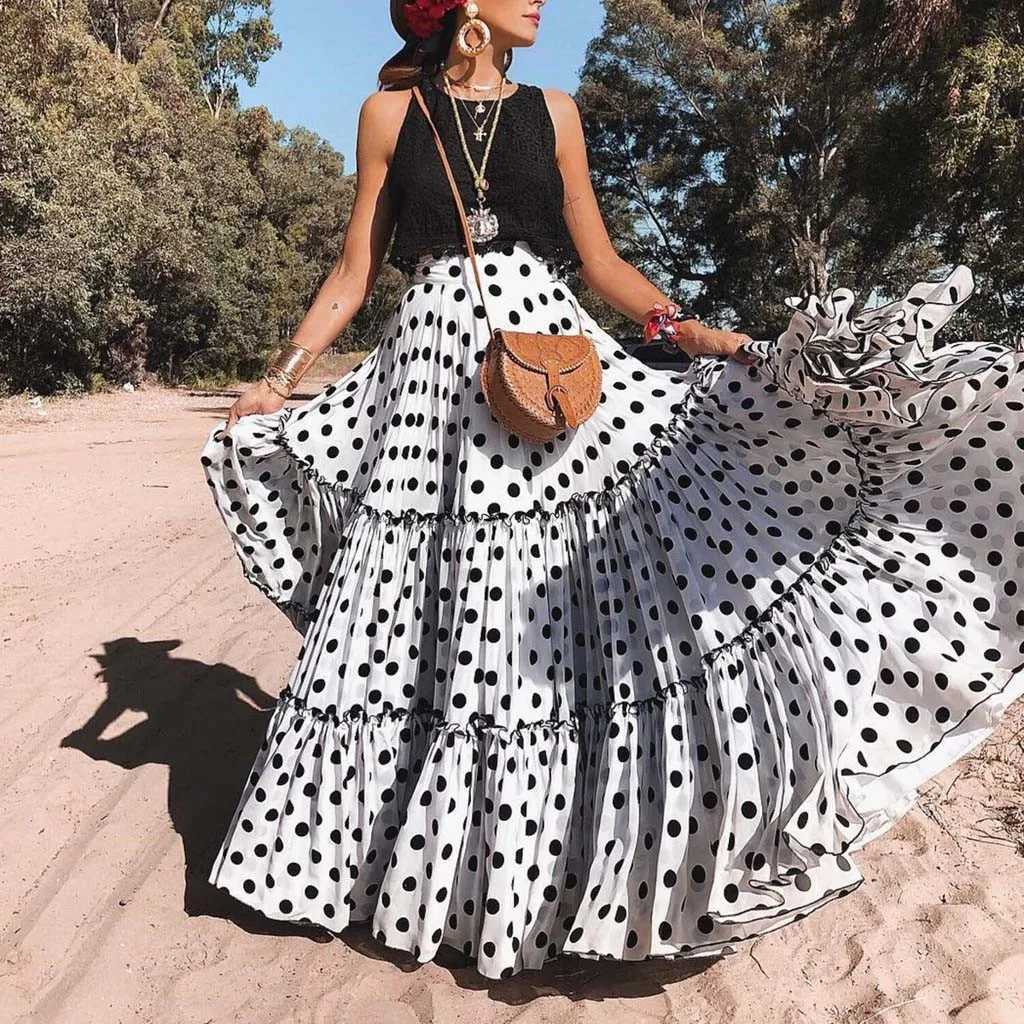 Kjolar Bohemian Maxi Womens High midja Polka Dot Print läder Löst veck med lång veck med läder Elegant Womens Street Clothing Q240507