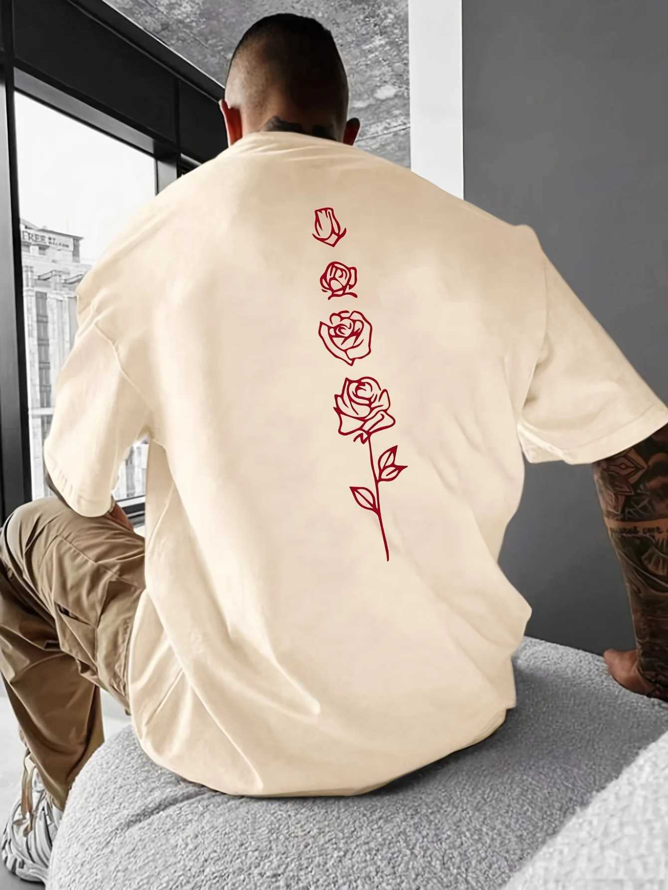 Мужские футболки Mens Summer Loose Set 100 Cotton Rose Pattern Top Top H240506