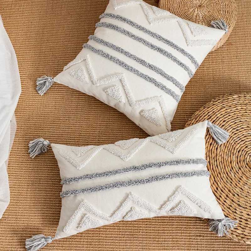 Cushion/Decorative Grey and White Geometric Tufted Cushion Cover Bohemian Tassel Covers Decorative Light Luxury Cushion Cover Home Decor