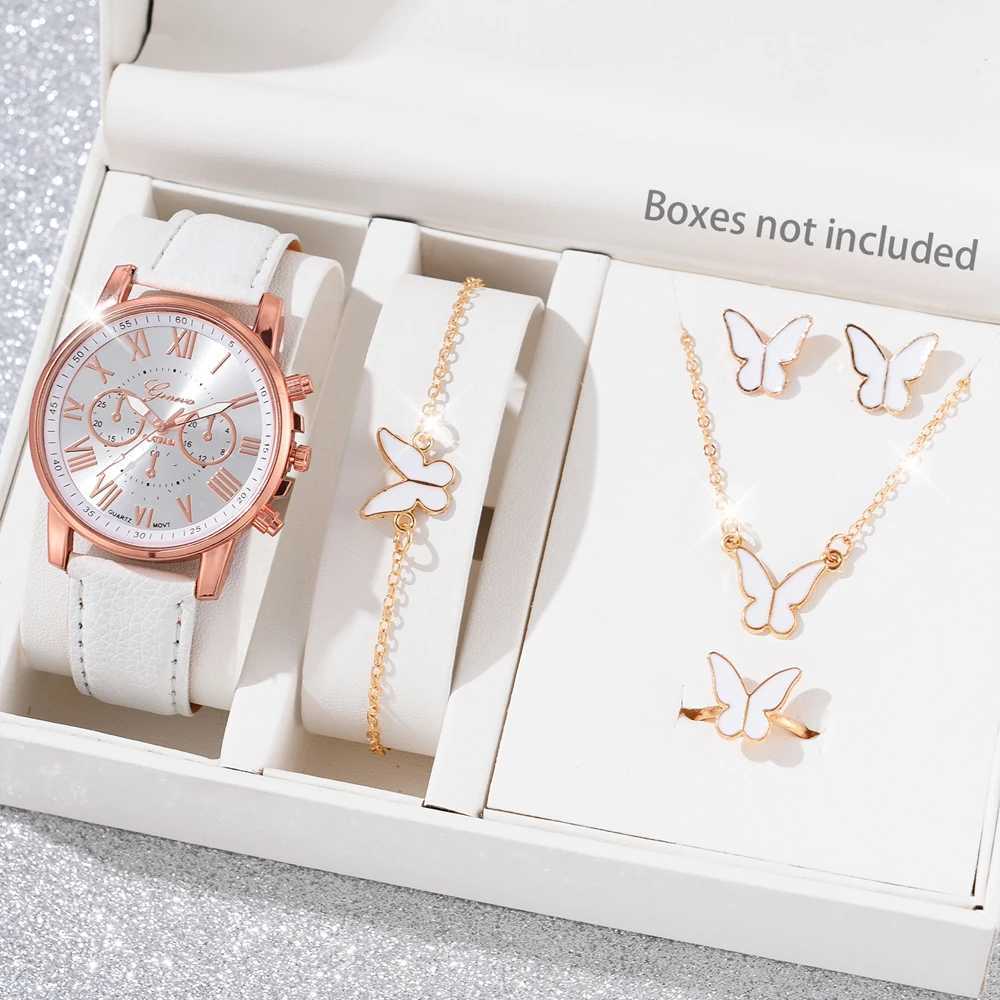 Women's Watches Set Fashion Women Butterfly Jewelry Set Business Casual Leather Quartz Wrist Gift Relogio Feminino Clocks