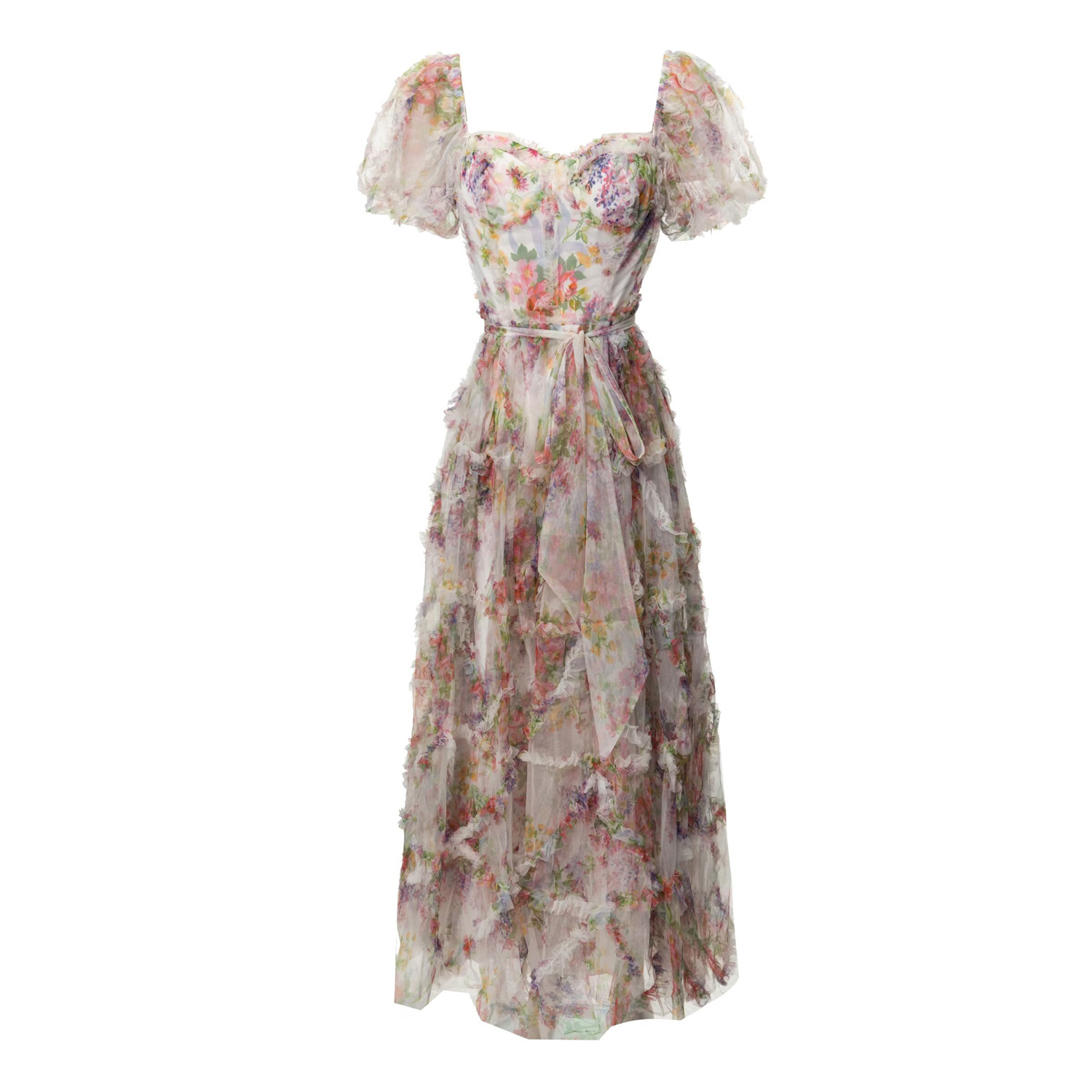 صيف الأرجواني الأزهار الطباعة فستان قصير الأكمام مربعة الرقبة تول ميدي الفساتين عارضة A4A291536