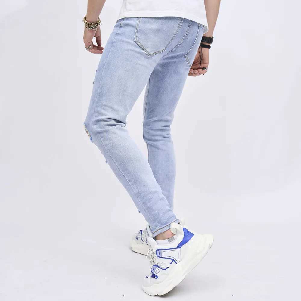 Jeans masculins hommes élégants trous élégants lavage bleu jean skinny jeans slim stretch stretfred cotton joggers pantalon denim y240507