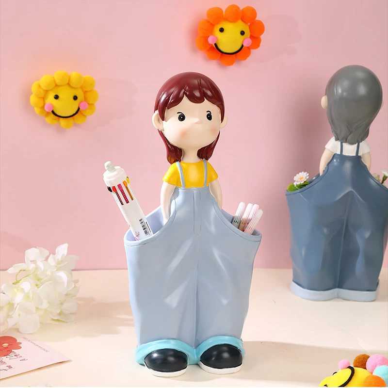 Decorative Objects Figurines Home Decor Cute Girl Statue Vase Jewelry Study Student Pencil Holder Decorations Office Desktop Storage Ornaments Craft Gifts T24050