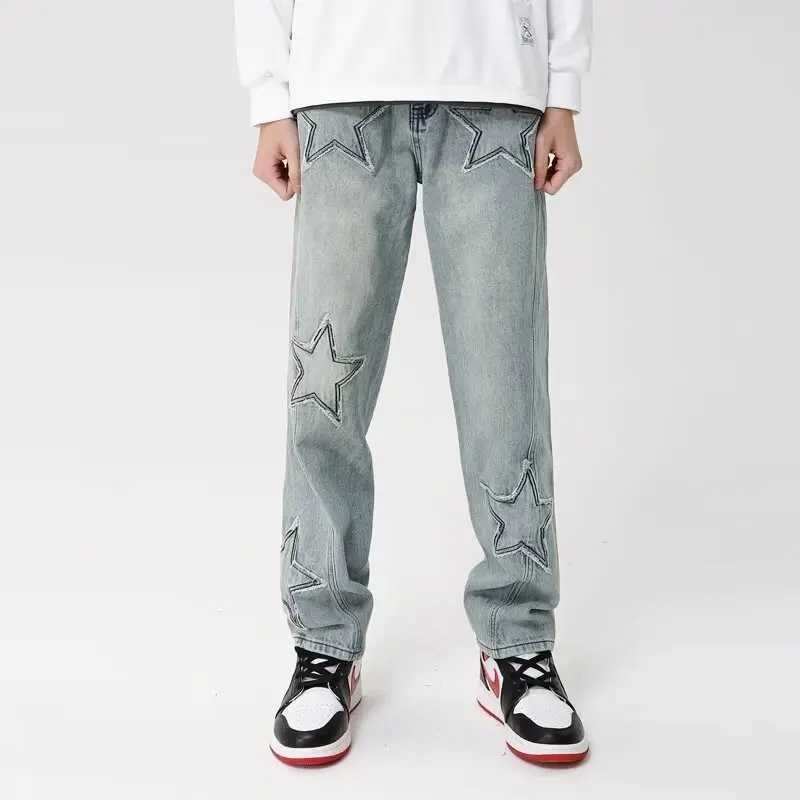 Eans 2023 Звездная вышиваемая мешковатые джинсы y2k брюки мужская одежда, вымытая синяя прямая хип -хоп роскошные джинсовые брюки Pantalon homme J240507