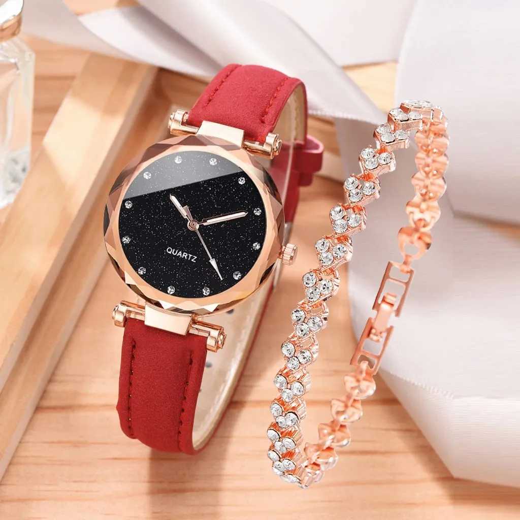 Montres féminines Luxury Fashion Femmes Set Pu Leather Strap Dames Quartz Quartz Himestone Rosegold Alloy Bracelet For Ladies Gift