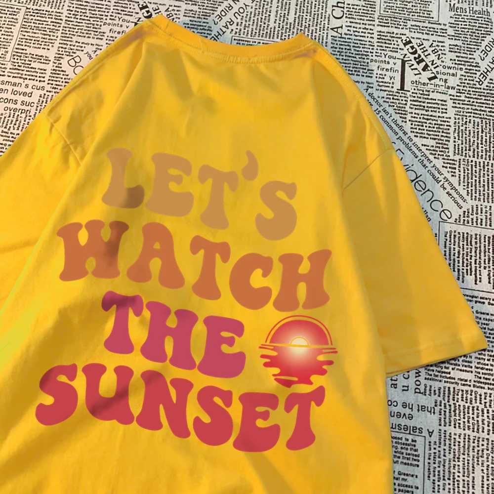 T-shirts masculins permet de regarder le coucher de soleil imprimer vêtements hommes femmes harajuku tshirt d'été dessin animé t-shirt coton mode couple couple tops h240506
