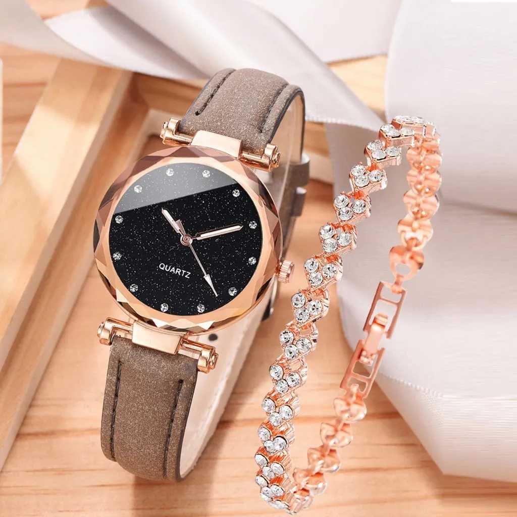 Montres féminines Luxury Fashion Femmes Set Pu Leather Strap Dames Quartz Quartz Himestone Rosegold Alloy Bracelet For Ladies Gift