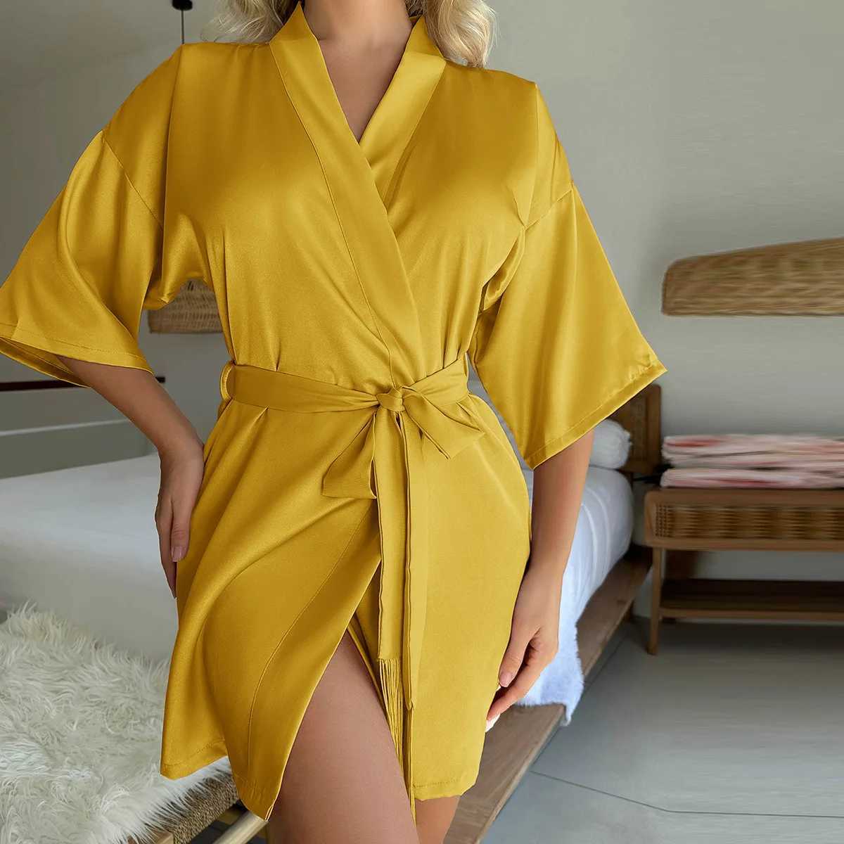 Roupas femininas para o sono feminino 2024 Sexy Four Seasons Pijamas Dress Solid Silky Robe confortável, ladras de moda de moda macia