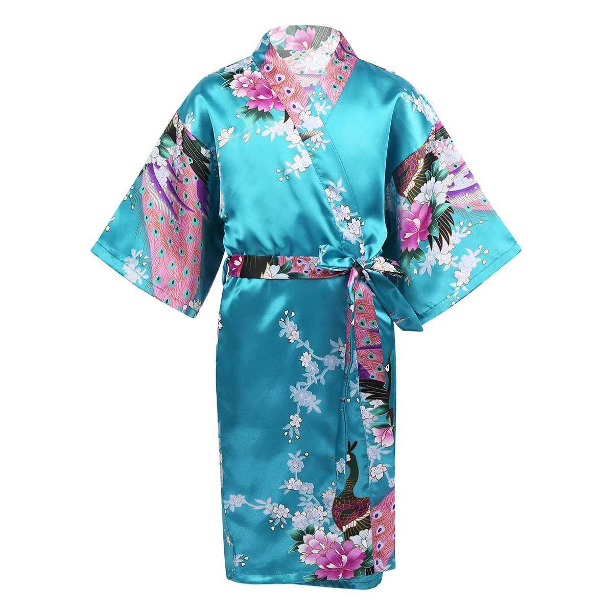 Pyjama Girls Satin Kimono Robe Childrens Floral Pyjamas Peacock Blume Badezimmer Spa Hochzeits Geburtstag Fruchtl2405