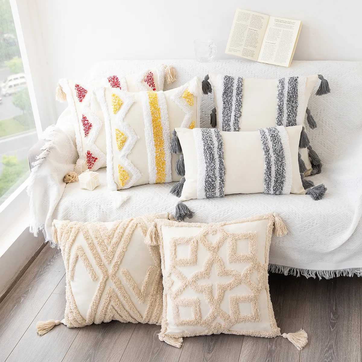 Cuscino/decorativo Nuovo geometrico Copertina di cuscino trapuntato boho decorazioni di beige in bianco e nero decorazioni in bianco e nero divano