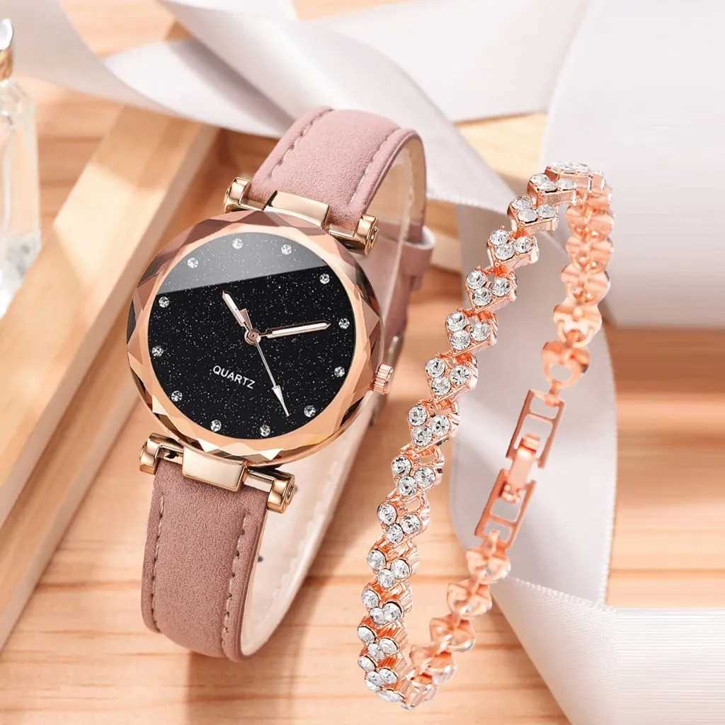 Montres féminines Luxury Fashion Femmes Set Pu Leather Strap Dames Quartz Quartz Himestone Rosegold Alloy Bracelet For Ladies Gift