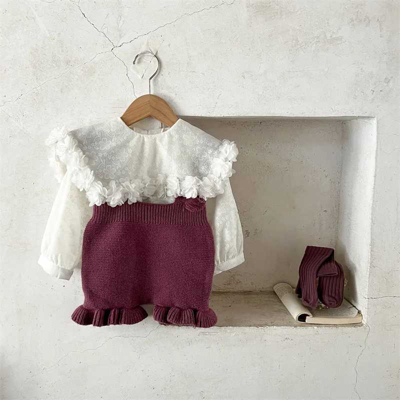 Ensembles de vêtements printemps bébé fille en dentelle grande chemise à manches longues + short en tricot + chaussettes en coton violet infantile H240507