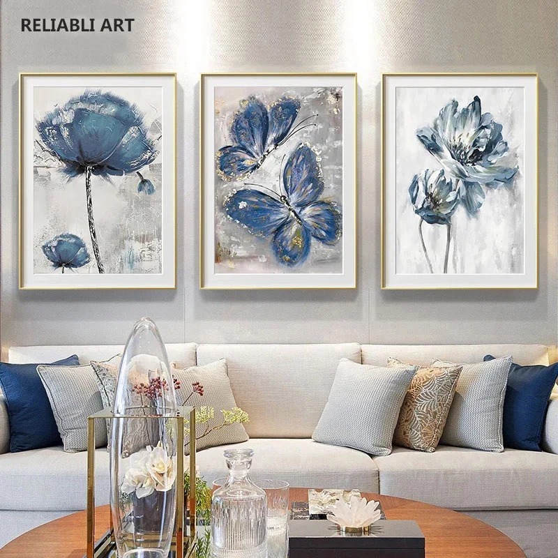 Decoração de parede da sala de estar nórdica, abstrato de arte azul -dourada flor de borboleta pintura de impressão de impressão de impressão, lona de arte pinturas a óleo de imagem, cuadros, sem moldura