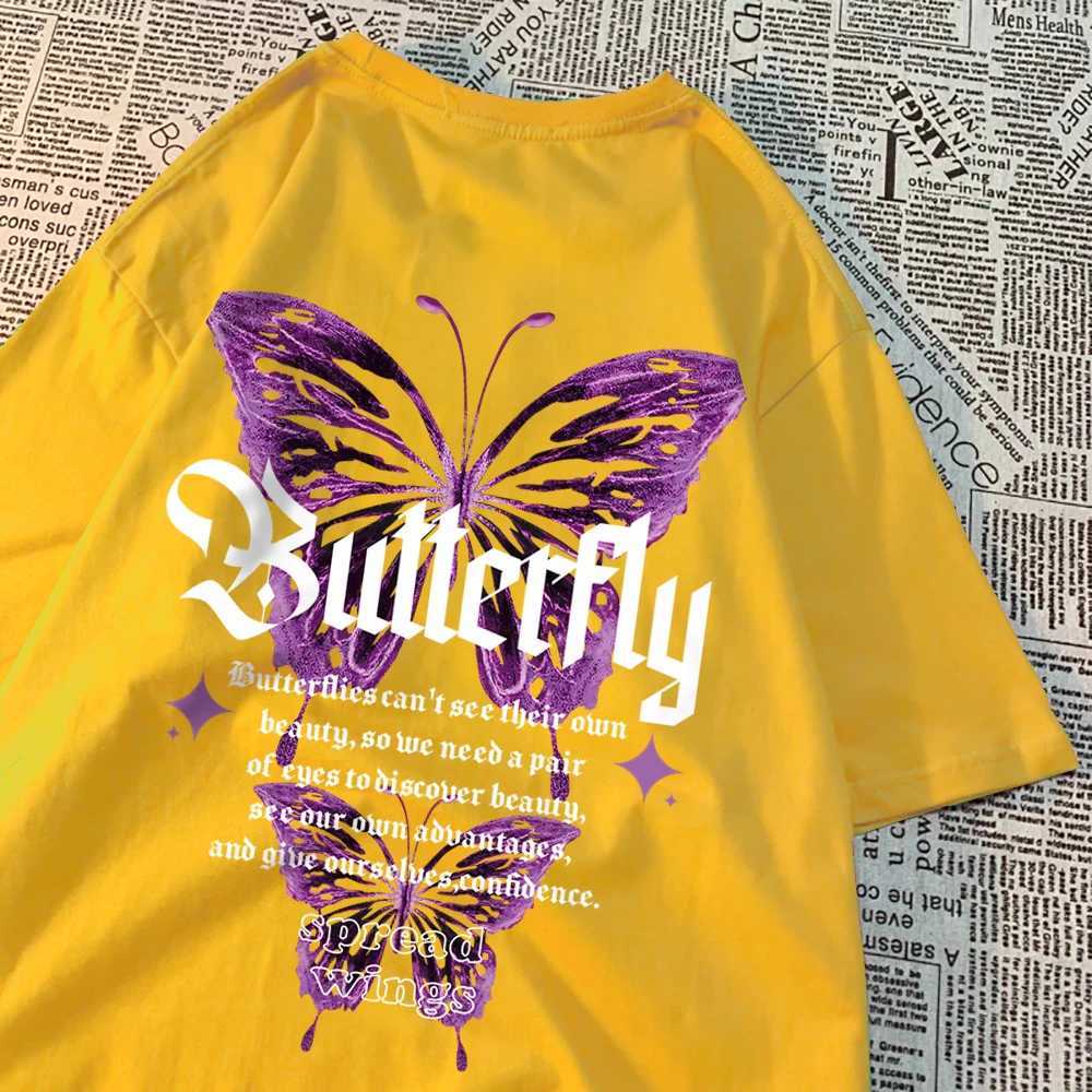T-shirts voor heren twee paarse vlinders t shirts mannen dames bemanning schattige kleding katoen casual zomer losse tops paar ademende h240506