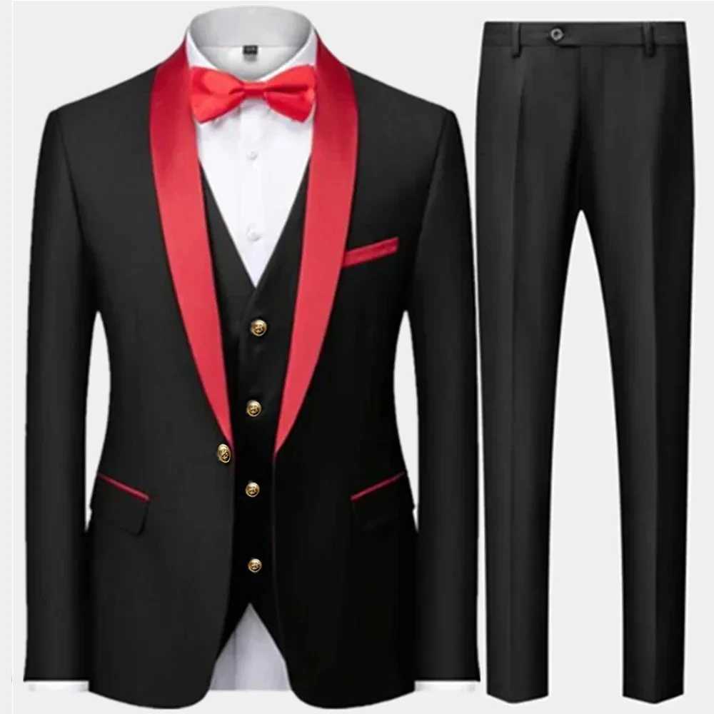 Herenpakken Blazers Mens Mariage kleurrijke blokhals set jas broek jas zakelijke casual bruidstanktop broek 3-delige Q240507