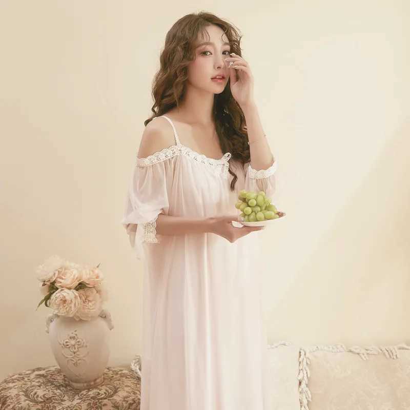 Lounge do sono feminino Sexy Off ombro Sleep Night Dress Women Women Spring Fairy Mesh Long Lace Peignoir Victorian Nightdress