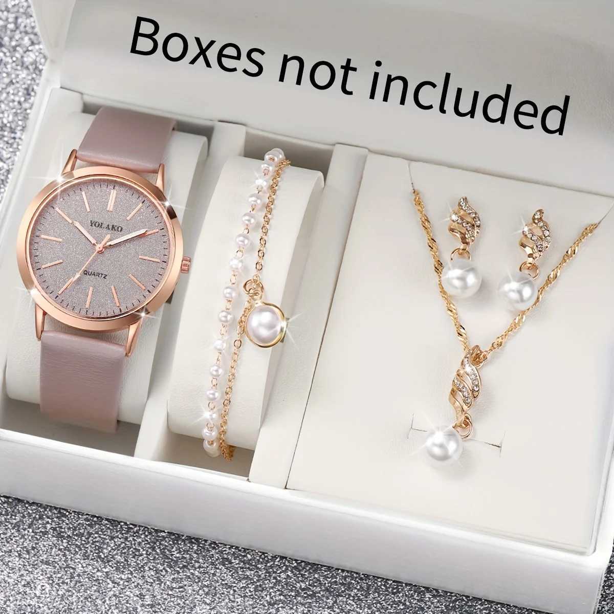 Frauen Uhren Frauen glänzender Strassquarz analog Pu Leder Handgelenk Faux Pearl Jewelry Set Gift für Mutter ihr