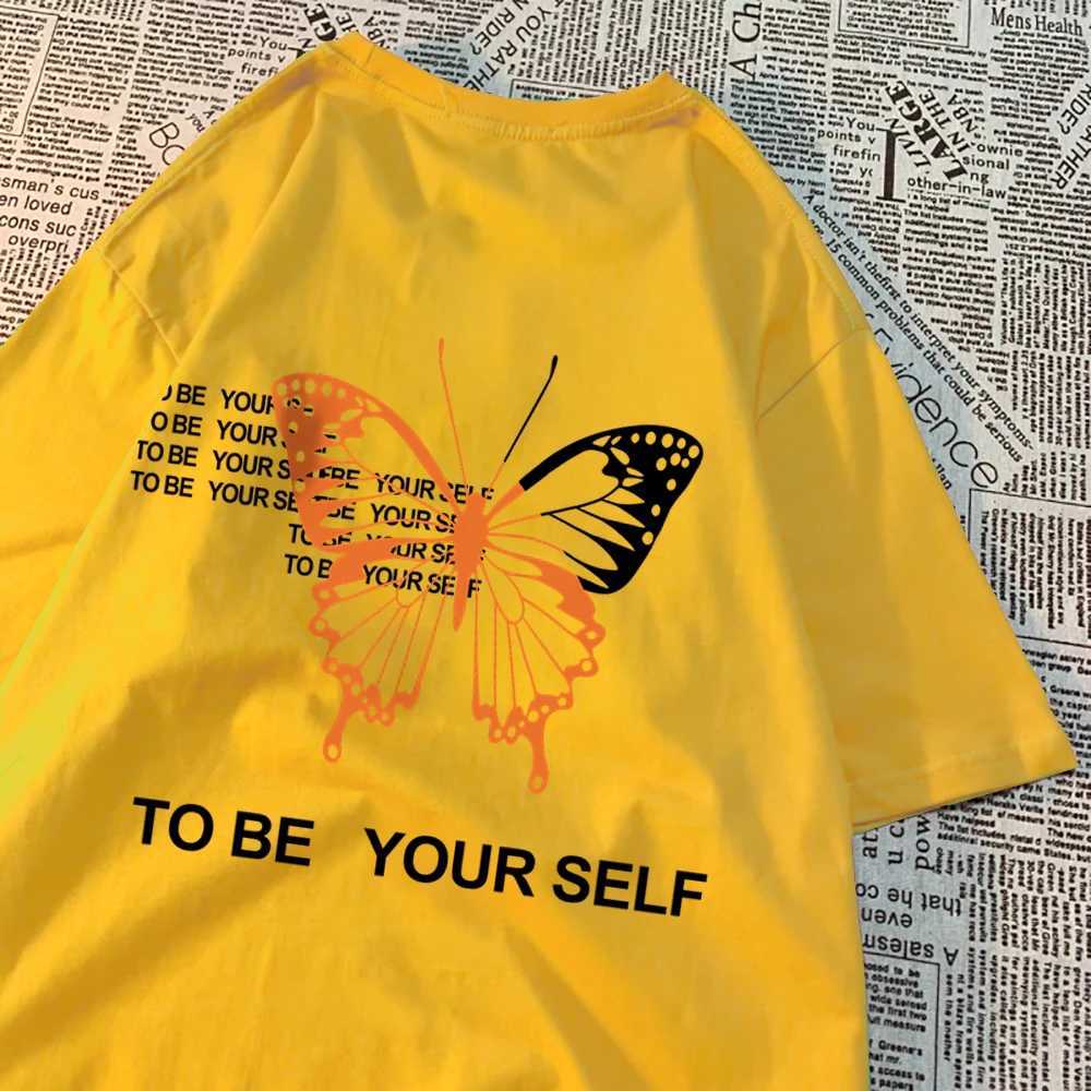 T-shirty męskie, aby być sobą a motyl Tshirts Mężczyźni Kobiety nadmierny vintage sata t-koszule luźne bawełniane kreskówki letnie ubrania H240506