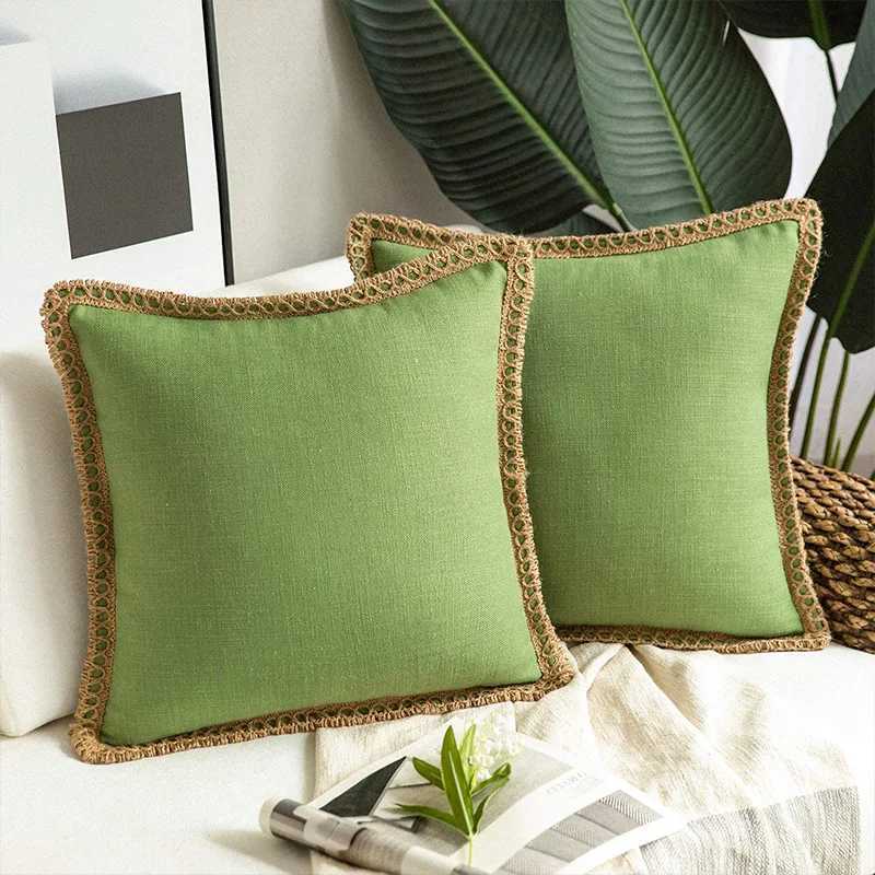 Coussin / décorative verte de chanvre Borde à bord moyen coton et lin Lotus Leaf Hugcase salon canapé décoratif lin frame