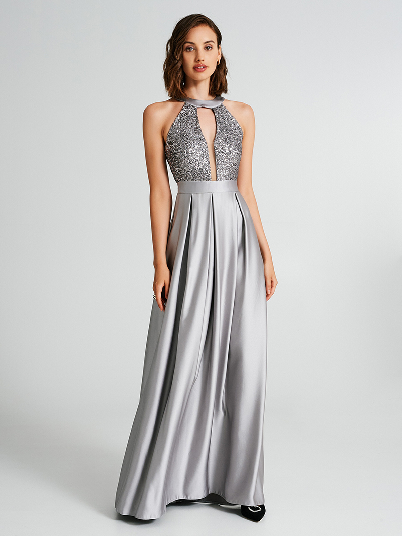 Gray Column Prom Dresses High Neck Unique Collar Design Sleeveless Floor-Length Sequins Appliques Celebrity Sexy Evening Dresses Plus Size Custom Made B5033