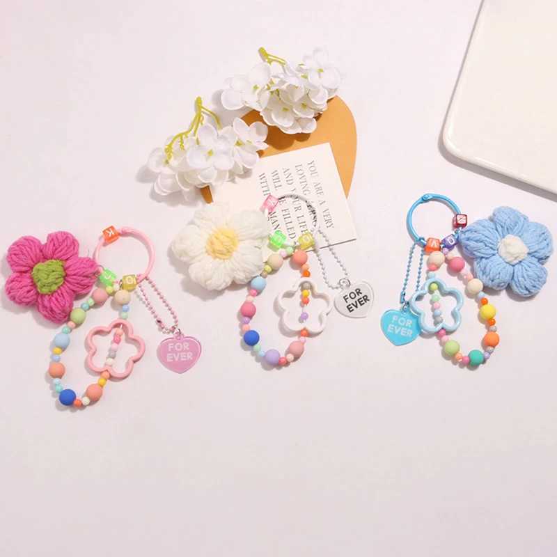 Schlüsselanhänger Lanyards Cartoon Wolle gestrickte Blumen Schlüsselketten Perlen Armband Lanyard Armband Keyring für Frauen Girl Bag Anhänger Charms Schlüsselbund Geschenk