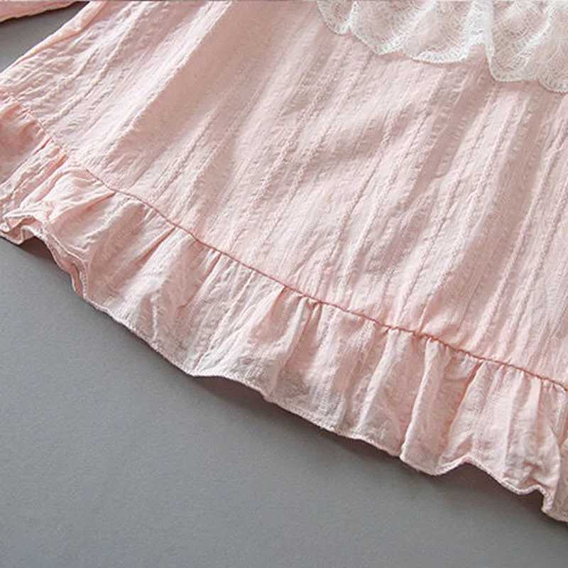 Pigiami bambini a maniche lunghe pigiami in lino in cotone in cotone traspirato da donna traspirante in pizzo in stile principessa in stile principesse e pantaloni setl2405