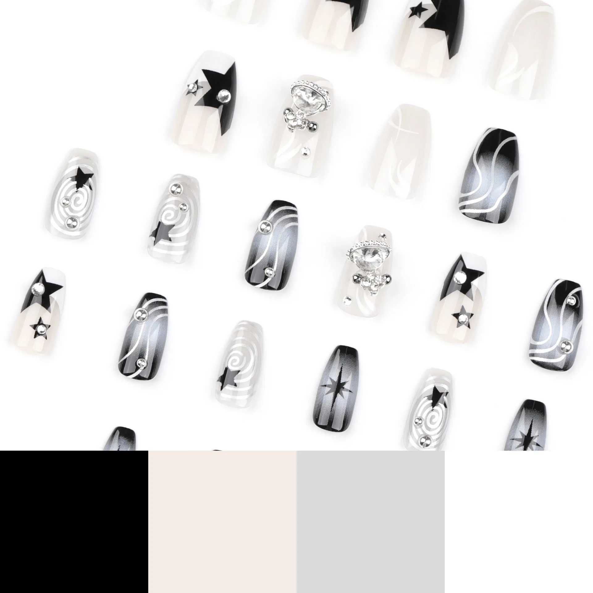 False Nails Punk Fake Nails Heavy Metal Sliver Bead Black Star Design False Nail Patch Wearable y2k Cool Girl Style Press on Nails T240507