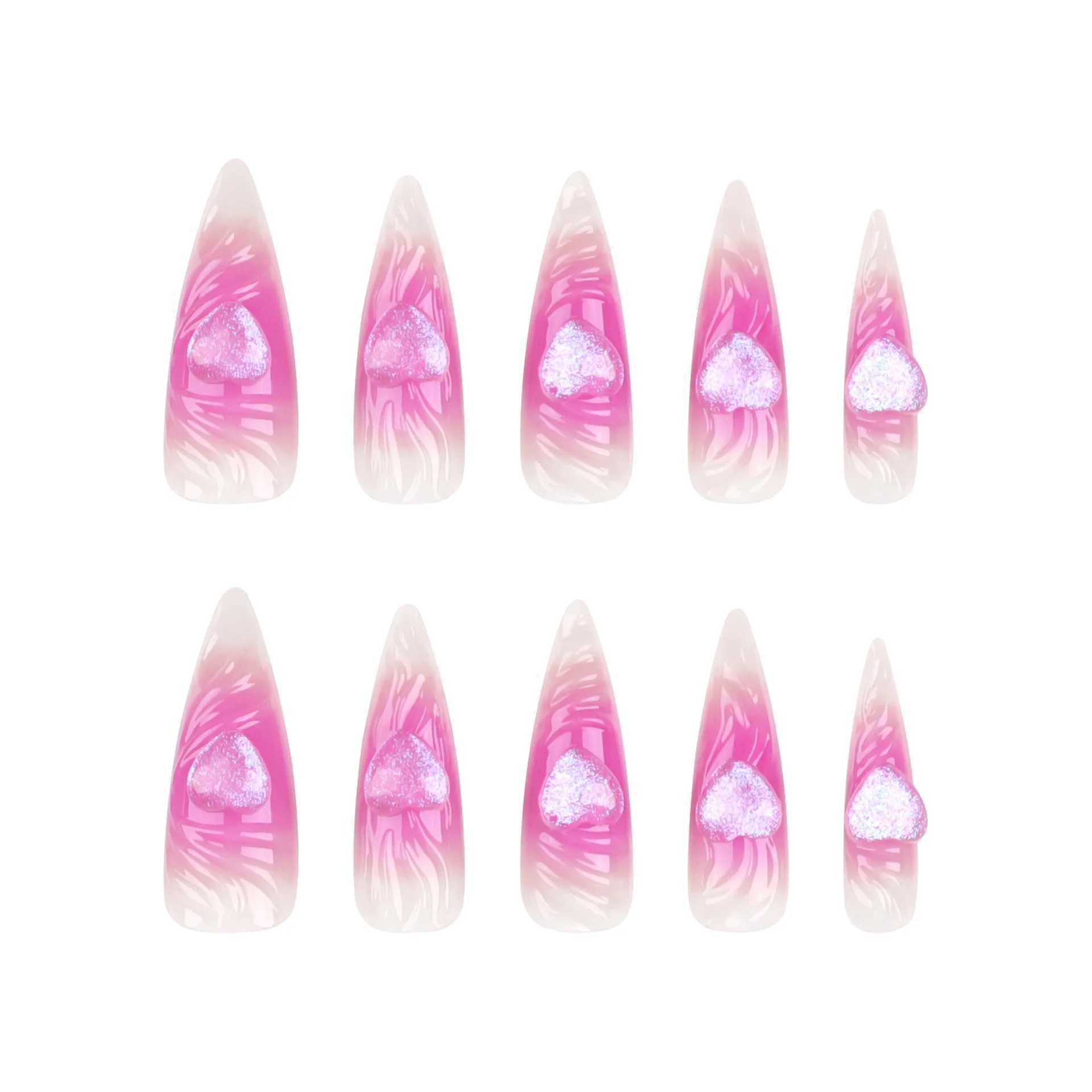 Valse nagels 24 -stks glanzende 3D liefde kristal nep nagels tips gradiënt paarse lang puntige pers op nagel afneembare draagbare kunstmatige valse nagels t240507