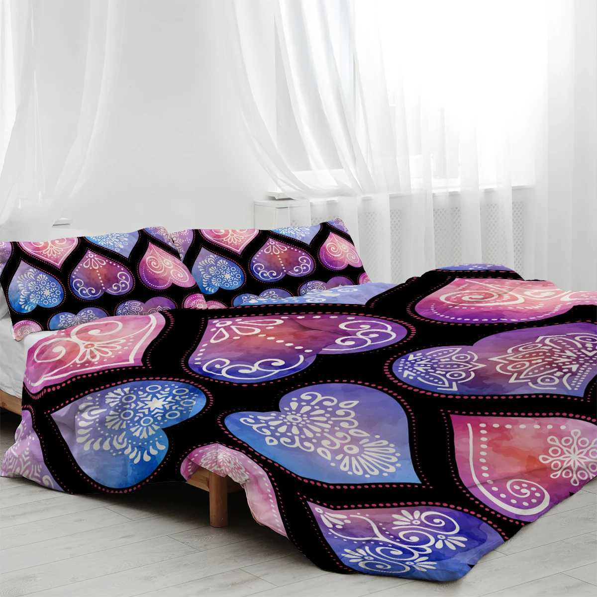 Bettwäsche-Sets herzgeformte Mandala-Design-Bettwäsche-Dekoration 3-teiliger Set von Down-Bettbezügen mit 2 Kissen Shams, die für Familienbetten verwendet werden J240507
