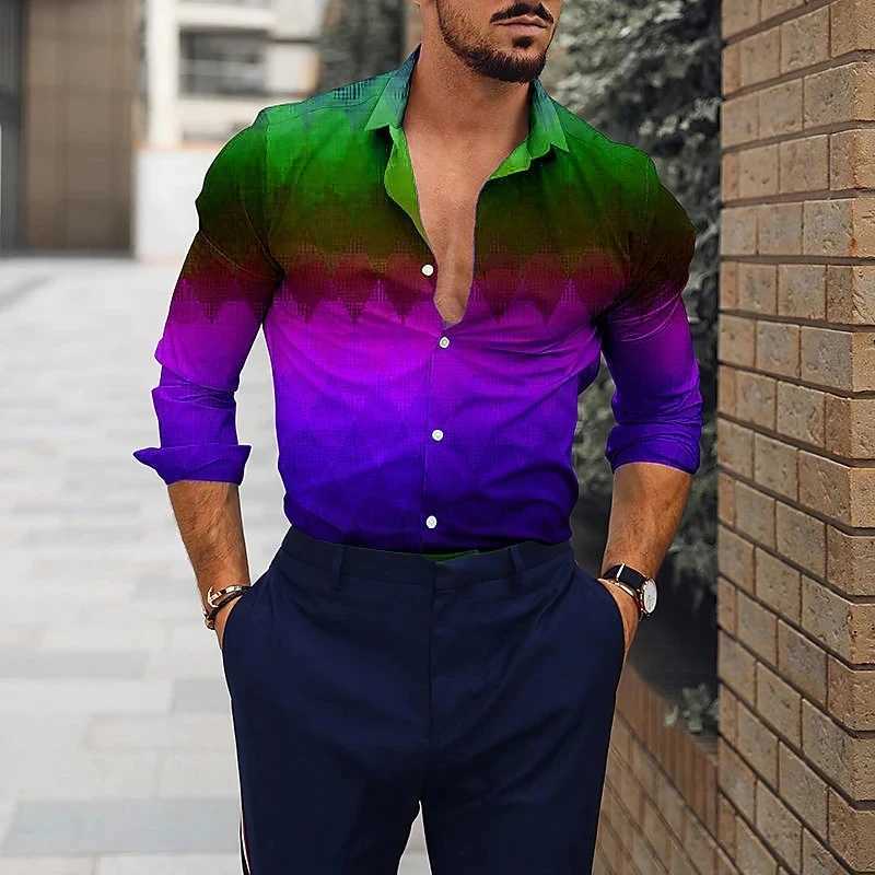Polos masculinos Mens 3D gradiente multicolorido de lapência de lapela de manga longa Moda de moda de moda casual masculino de tamanho grande camiseta de tamanho grandel2405