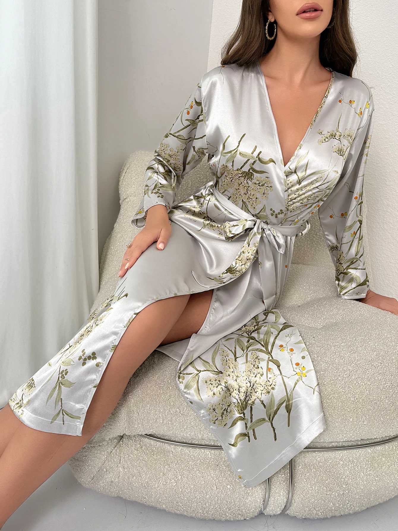 Sleep Sleep Sleep Lounge Floral Print Night Robe Elegant Elegant Long Sleeve V cou Robe avec ceinture pour femmes