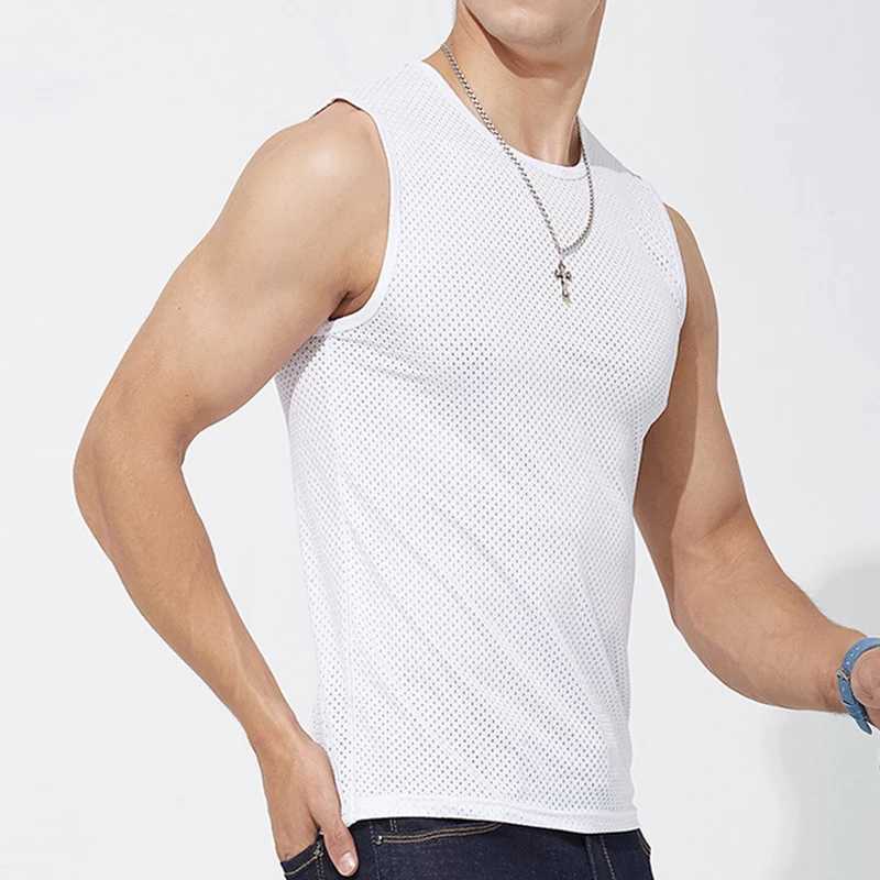 Herren Tanktops Sommer Herren Eisseide Weste Ultra-dünn Fitness Weste Einer Schultergurt transparente Herren eng anliegender Fitness-Hemd y240507