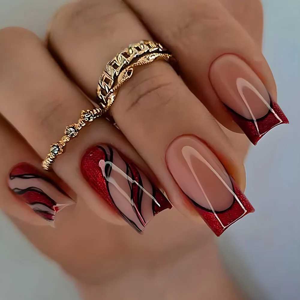 Valse nagels rode Franse nep nagels lijn bloempatroon pers op nagel manicure diy volledige cover mode valse nagel tips voor meisje vrouwen geschenken t240507