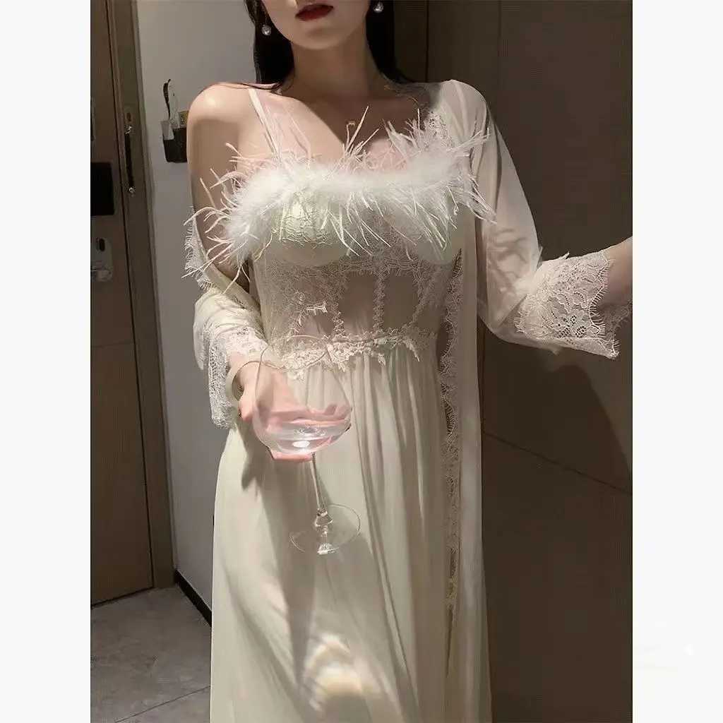 Women's Sleep Lounge Women Solid Color Sexy Gown Set Female Feather Lingerie Lace Hollow Out Nightdress Ladies Lace Trim Mesh Robe Gown Set