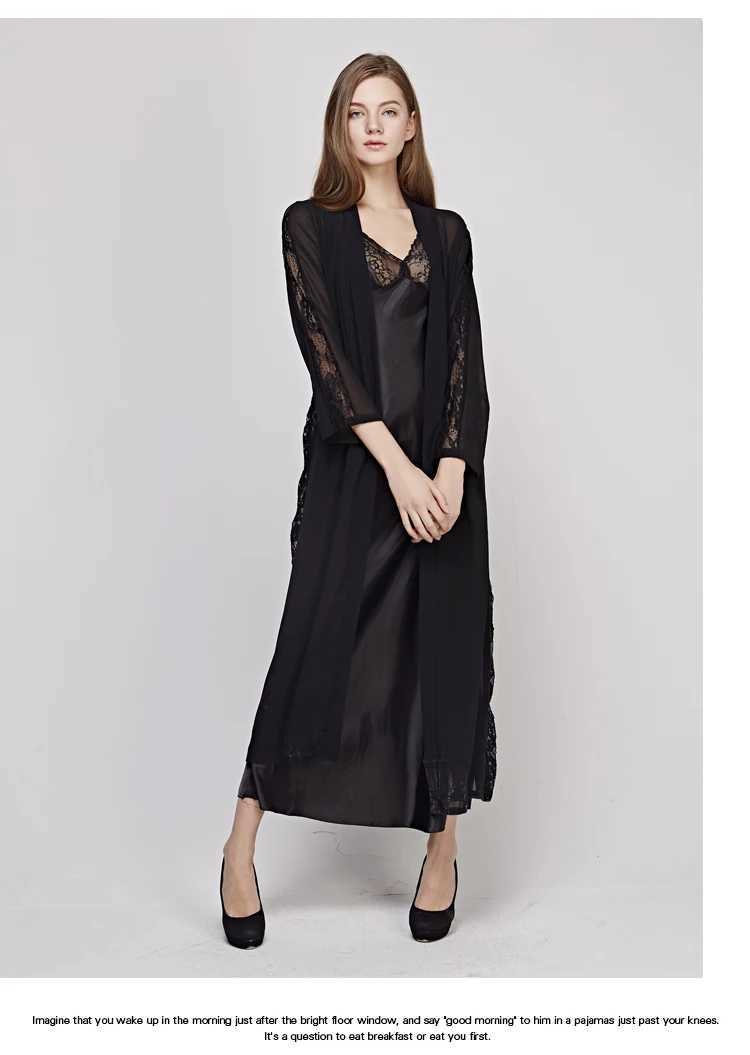 Women's Sleep Lounge Sexig Sling Dress Sleeping Robe Two-Piece Faux Silk Sleepwear Women Elegant Lady Lace Long-Sleeve Nightgowns Bathrobes T0008