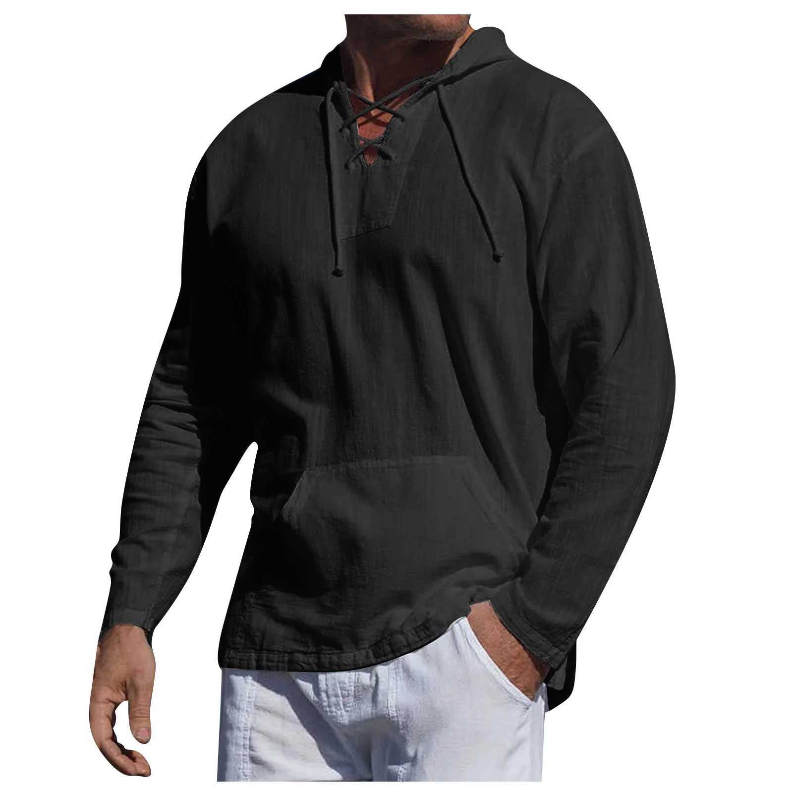 Heren polos heren hoodie lente/zomer casual mode katoenen linnen shirt klassieke solid kleur kant v-neck lange mouwen los fitting shirtl2405