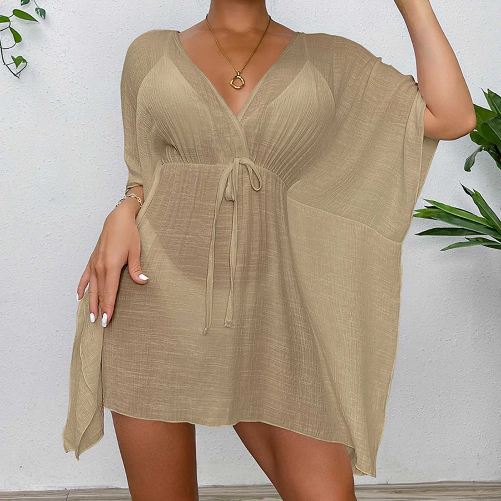 Femmes Place Wear Wear Sexy V-Neck Summer Beach Robe White Cotton TUNIC FEMMES VOIE BIKINI COPIRES DE BAINS SARON