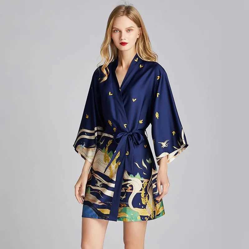 Sleep Sleep Lounge Femme Long Robe et Kimono Salle de bain Navy Blue Pyjamas Pyjamas Soft Satin Pyjamas Sexy Jolipes courtes Casual Home Clothingl2405