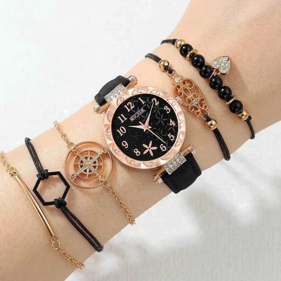 Women's Watches Black Flower Quartz Dainty Bracelet For Women Leisure Casual Round Rhinestone Hollowed Pattern Bracelet Set