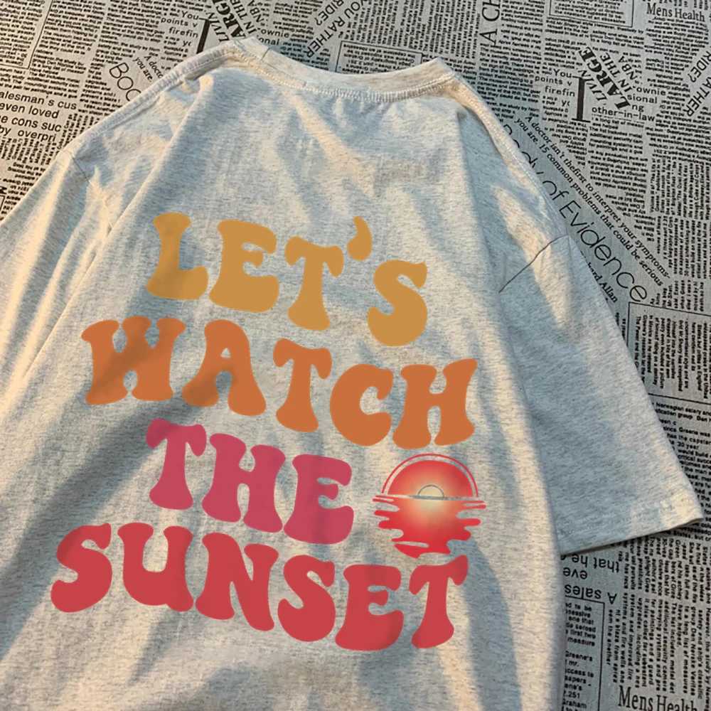 T-shirts masculins permet de regarder le coucher de soleil imprimer vêtements hommes femmes harajuku tshirt d'été dessin animé t-shirt coton mode couple couple tops h240506