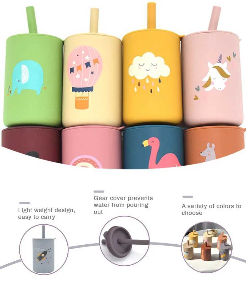 Copos pratos utensílios coloridos de silicone para bebê alimento para alimentos para o arco -íris estampado copo de silicone com silicone com xícara de silicone à prova d'água livre de bisfenol AL2405