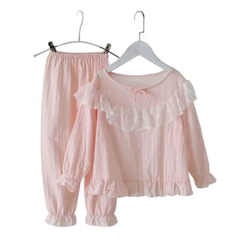 Pigiami bambini a maniche lunghe pigiami in lino in cotone in cotone traspirato da donna traspirante in pizzo in stile principessa in stile principesse e pantaloni setl2405